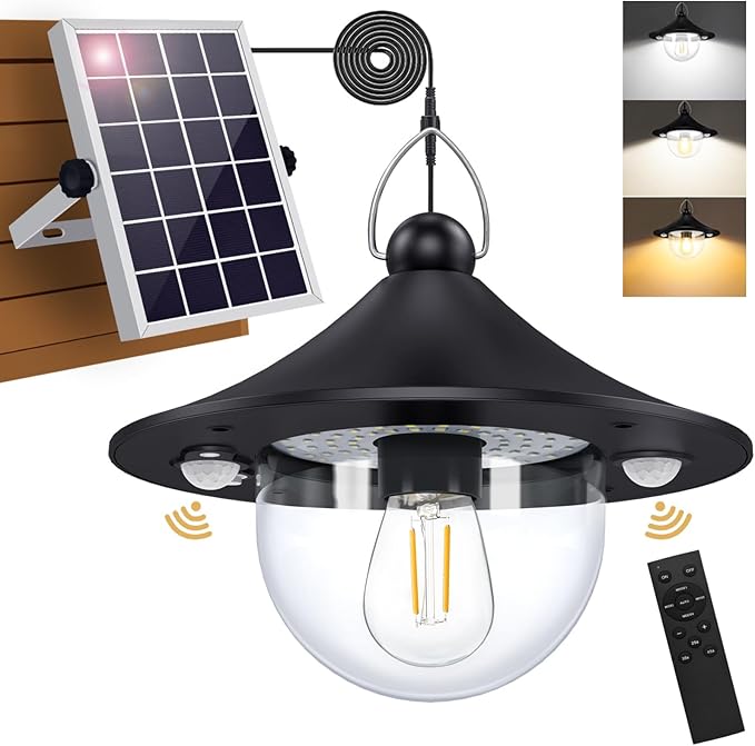 Solar Powered Shed Light Indoor Outdoor Pendant Lights with 2 Motion Sensor | Waterproof, Daytime Available, 3 CCT, Solar Hanging Lamp for Porch, Inside Home, Farmhouse, Gazebo, Chicken Coop