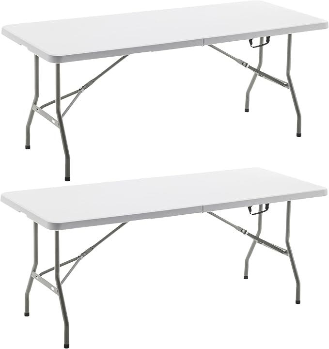 BTExpert Set of 2, Fold-in-Half Folding Utility Table 6 Feet 72"x 29.5" Lightweight Portable Carrying Handle Indoor Outdoor Picnic Camping Office Home Party Wedding Event Easy Clean Store Care White