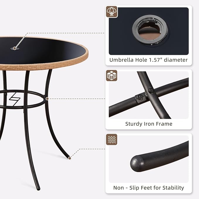 AVAWING 35.6-Inch Round Outdoor Dining Table for 4-6, All-Weather Steel Frame & Glass Tabletop with Umbrella Hole, Patio Furniture for Garden, Backyard, Poolside, Black(Only Table)