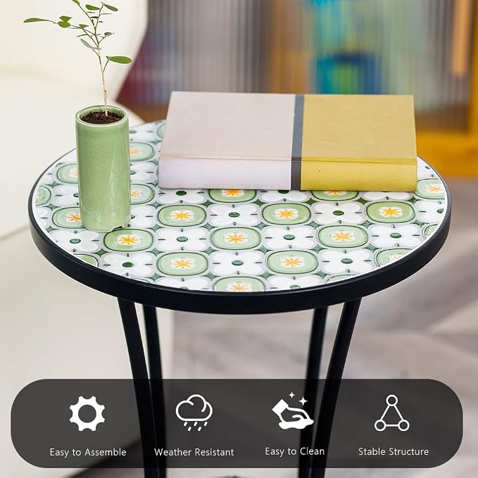 14 Inch Mosaic Patio Side Table with Scroll Legs, Indoor Outdoor Accent Round End Table with Ceramic Tile Tops for Yard, Garden, Living Room, Bistro, B - Granny Square