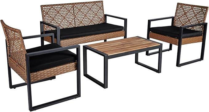 Outdoor Patio Furniture Set, 4 Piece Rattan Wicker Sectional with Loveseat Couch Sofa, Coffee Table and Chairs, Conversation Seating for Balcony, Porch, Deck, Backyard, Muebles de Exterior