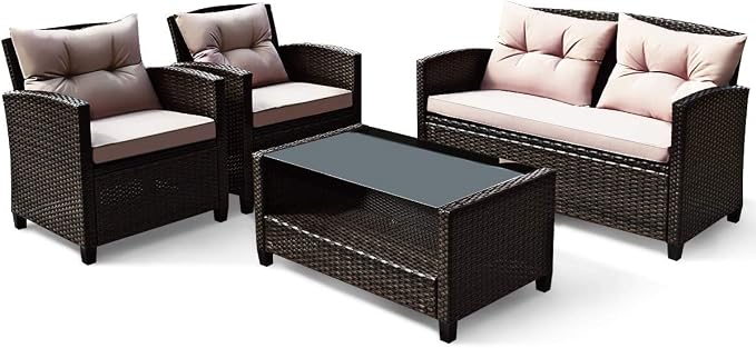 DORTALA 4 Piece Wicker Patio Furniture Set, PE Rattan Outdoor Conversation Sets with Loveseat, Chairs & Coffee Table for Backyard, Porch, Garden and Poolside, Brown