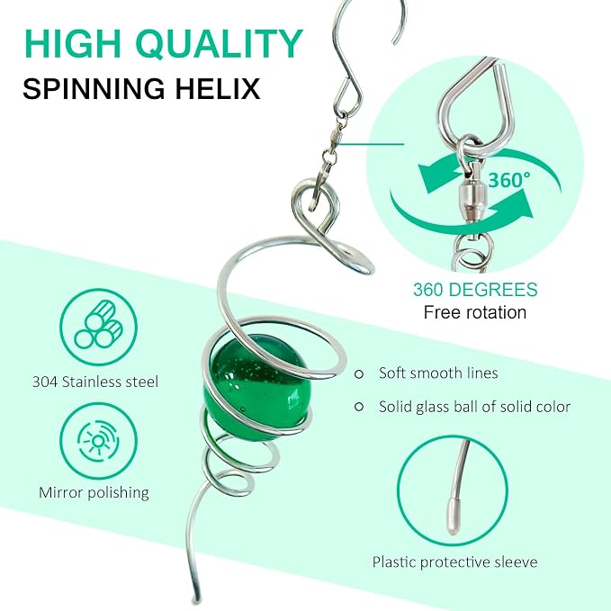 Wind Spinner Tail with Green Glass Orb,Gazing Ball Spiral Tail,Wind Spinners Stabilizer,Visual Illusion in Spinning Hanging Rotating Art Decor,Indoor Outdoor Garden Decoration-13in