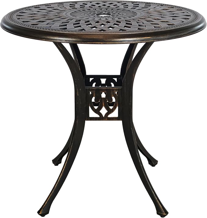 30 inches Patio Table with Umbrella Hole, Aluminum Round Bistro Table, Small Patio Furniture for Porch Backyard Outdoor (Bronze)