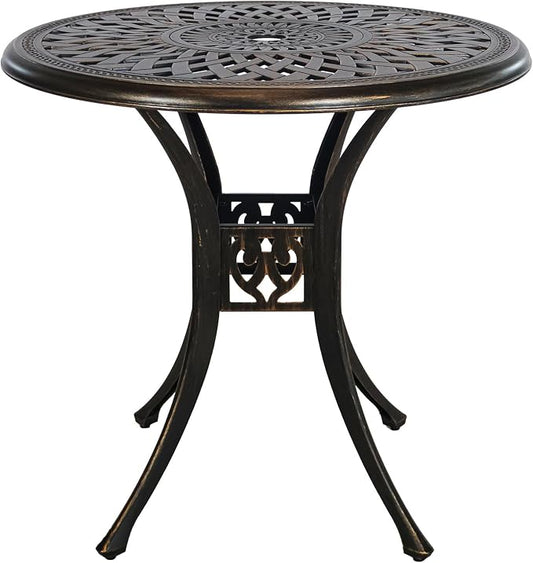 30 inches Patio Table with Umbrella Hole, Aluminum Round Bistro Table, Small Patio Furniture for Porch Backyard Outdoor (Bronze)