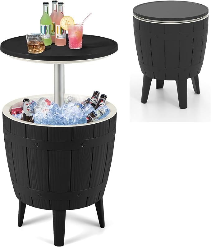 Giantex Cooler Side Table Outdoor, 10 Gallon Ice Cooler with Drainage Plug, Adjustable Height, 3-in-1 Cocktail Patio Par Table for Beer Wine Storage, Deck Pool Backyard Party, Black (Wood-Style)