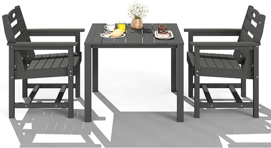 Domi HDPE Outdoor Dining Set, All-Weather Outdoor Dining Table Set of 3 with 2" Umbrella Hole, Outdoor Patio Dining Set for Garden, Poolside, Backyard, Deck, Grey
