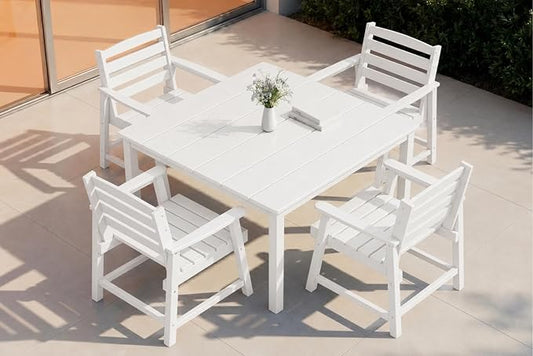 HDPE Outdoor Dining Set for 4, Square Table & Chairs Set | • All-Weather Polywood Composite • 410 lbs Heavy-Duty Support • Built-In 2" Umbrella Hole • Easy Soap-Water Wash