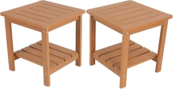 Kibaso-Adirondack Outdoor Side Table, 2-Tier HDPE Outdoor End Table, Weather Resistant Easy Maintenance, Small Patio Side Table for Patio, Pool, Porch, Garden, Lawn, and Living Room (2, Rustic Teak)