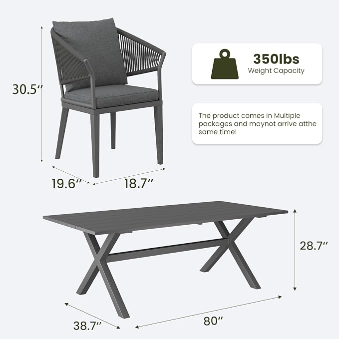 LayinSun 7 Piece Outdoor Dining Table Set, Aluminum Modern Rectangular Dining Table and All-Weather Wicker Chairs Set for Patio Deck Indoor Decor Kitchen