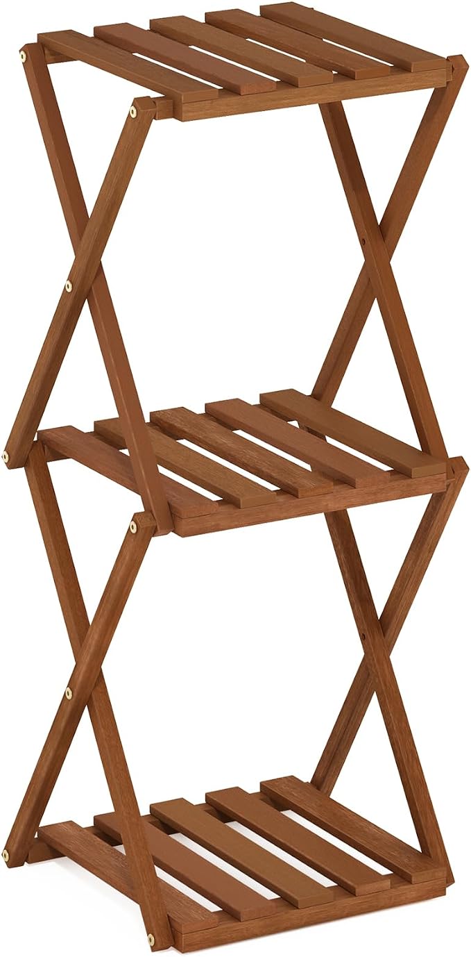 Furinno TIOMAN Patio Table, 3-Tier Outdoor Side Table, Toolless Multipurpose Folding Display Shelf, Plant Stand, for Patio, Garden, Porch, Natural