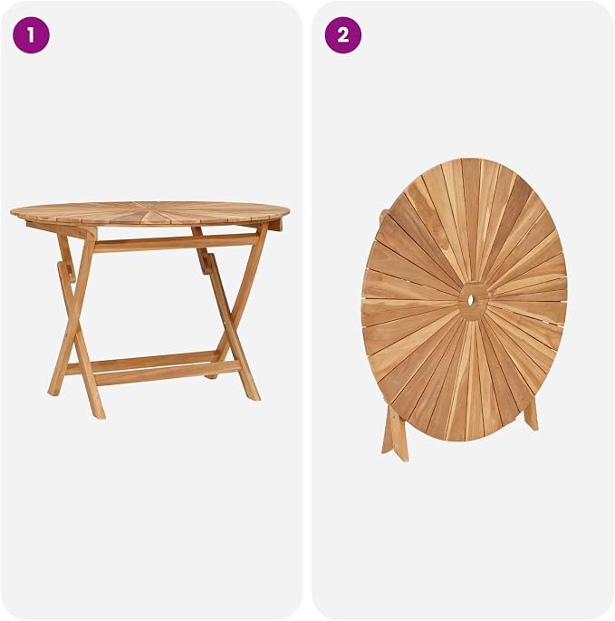 vidaXL Folding Garden Table Beige Ø 110 x 75 cm Solid Teak Wood, Round Folding Table, Modern Design, Outdoor Dining, Space-Saving Furniture, Teak Wood, Collapsible Garden