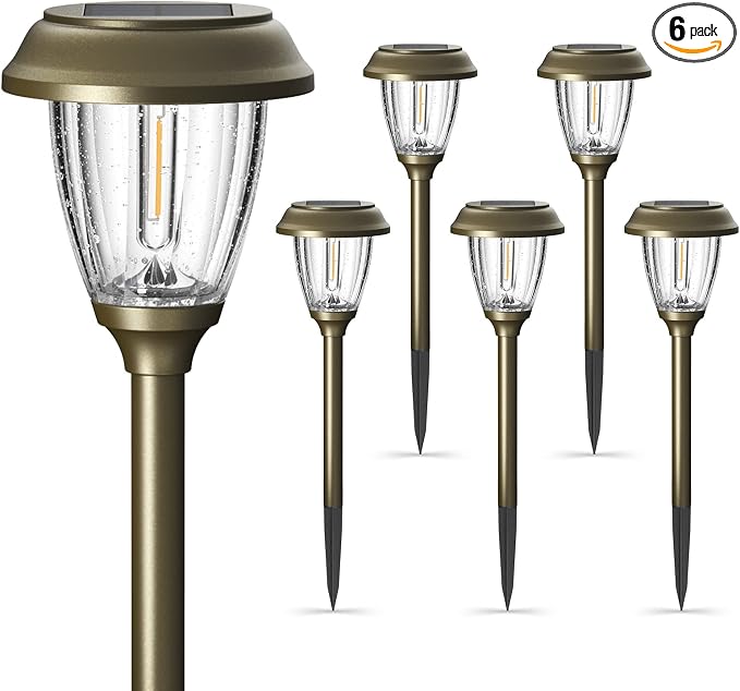 XMCOSY+ Solar Lights Outdoor, 10/25 LM 2 Lighting Modes Garden Lights 6 PCS | IP65 Waterproof Glass & Metal Garden Lights, Warm White LED Solar Powered Landscaping for Yard Pathway Walkway Driveway Patio