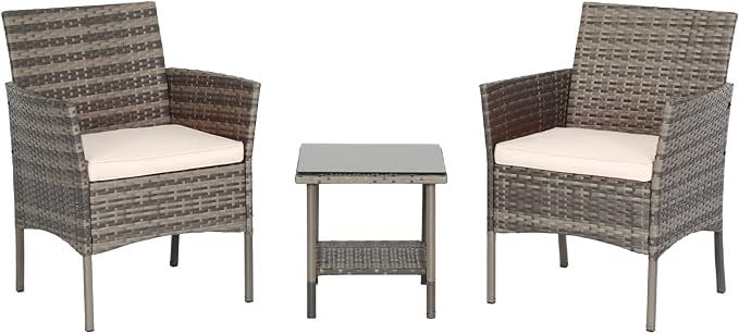 3 Pieces Patio Furniture Outdoor Bistro Set Outdoor&Indoor Conversation Set Coffee Table Chairs Set for 2 with Water-Resistant Cushions for Lawn Yard Garden Porch Balcony and Pool,Grey and Khaki