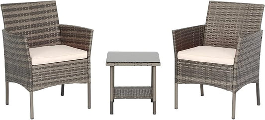 3 Pieces Patio Furniture Outdoor Bistro Set Outdoor&Indoor Conversation Set Coffee Table Chairs Set for 2 with Water-Resistant Cushions for Lawn Yard Garden Porch Balcony and Pool,Grey and Khaki