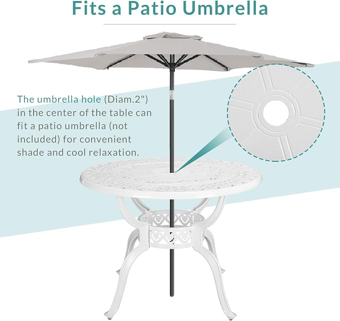 MEETWARM 5-Piece Outdoor Patio Dining Set, All-Weather Cast Aluminum Patio Conversation Set for Backyard Garden Deck with 4 Cushions Swivel Rocker Chairs and 38.5" Round Table, White