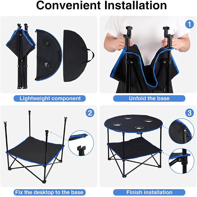LEADALLWAY Folding Picnic Table Outdoor Camping Table Canvas Travel Table | Portable, Collapsible 4 Cup Holders and Carrying Bags, for Outdoor Picnic,Barbecue,Travel,Fishing (Black+Blue)