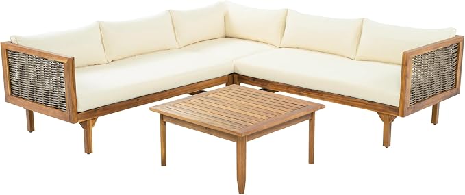 LUMISOL 4-Piece Outdoor Acacia Wood Sofa Set with Water Resistant Cushions, All Weather Patio Conversation Set with Coffee Table for Garden, Backyard, Poolside, Teak+Beige