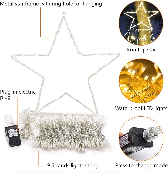 (New Christmas Decoration Lights, 320 LED Waterfall Christmas Tree Lights with 12" Star Topper, 8 Modes Indoor Outdoor String Lights for Yard, Party, Home, Holiday (Warm White)