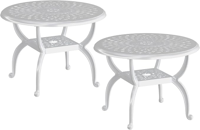 Round Outdoor Coffee Table Set of 2, Cast Aluminum Side Table with Storage,Indoor End Table, All-Weather Bistro Table for Patio Garden Lawn, White