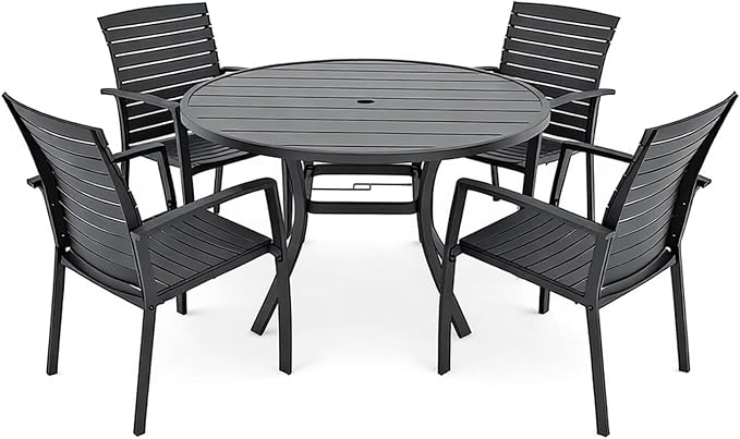 Outdoor 41" Round Table and Aluminum Stackable Chairs Small Dining Set 5 | Aluminum Frame Chairs, Resin Chair Seat, Resin Chair Back, 4 Piece Stackable Chairs, 1 Piece Black Metal Table, 4 Person Set