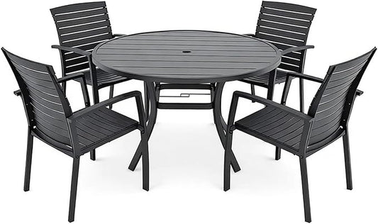 Outdoor 41" Round Table and Aluminum Stackable Chairs Small Dining Set 5 | Aluminum Frame Chairs, Resin Chair Seat, Resin Chair Back, 4 Piece Stackable Chairs, 1 Piece Black Metal Table, 4 Person Set