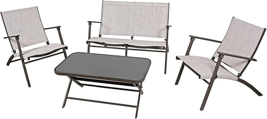 Four Seasons Courtyard Novara 4 Piece Steel Folding Outdoor Patio Furniture Conversation Set with 2 Patio Chairs, 1 Loveseat, and Table, Tan/Espresso