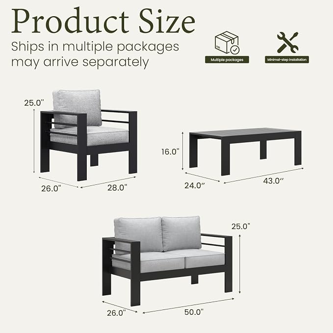 LayinSun Outdoor Aluminum Furniture Set, 4 Pieces Patio Sectional Conversation Chat Sofa Modern Seating Set with Coffee Table