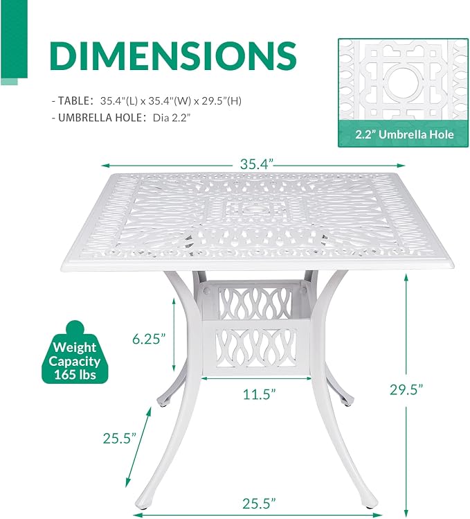 VIVIJASON 35.4" Outdoor Patio Dining Square Table White Cast Aluminum Rustic Large Patio Table with Umbrella Hole