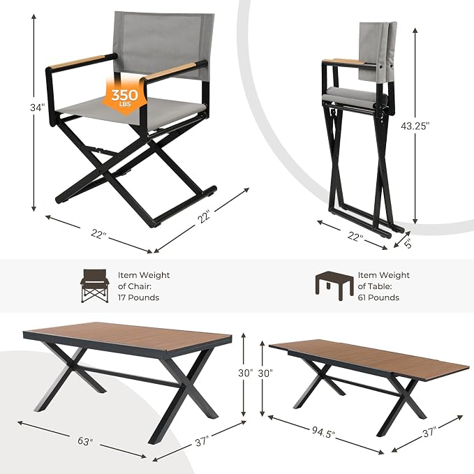 Grand patio 11-Piece Outdoor Dining Set, 10 Extra-Wide Folding Chairs & 1 Rectangle Expandable Table for 6-8 Person, Sling Mesh Patio Chairs with Wood Grain Table for Yard, Poolside, Deck, Gray