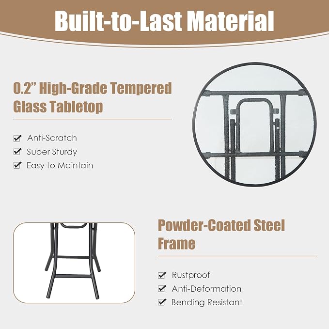 HAPPYGRILL Outdoor Side Table, Folding Small Patio Table with Tempered Glass Tabletop, Steel Frame, Round Outdoor End Table with Anti-Slip Footpads for Balcony Garden Backyard Deck Poolside