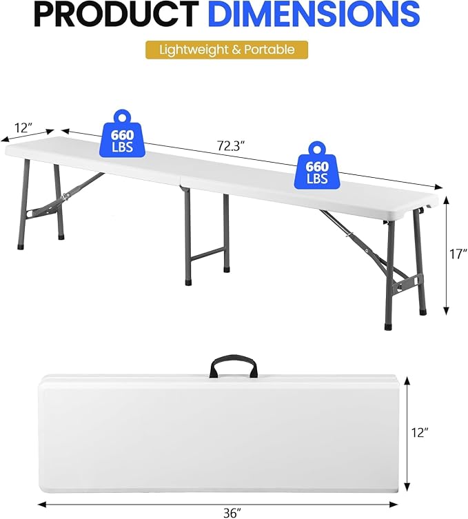 ZENY 6 Feet Picnic Table Set with 2 Benches, 3-Piece Camping Table Chair Set for Dining, Party, Garden, White