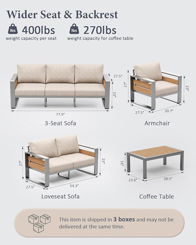ZANDOR Aluminum Outdoor Patio Furniture Set with Table,4 Seat, Silver | Rustproof,High weight capacity,Water-repellent,Washable Cover,All-Weather Resistant,Easy clean,for Poolside Backyard Deck