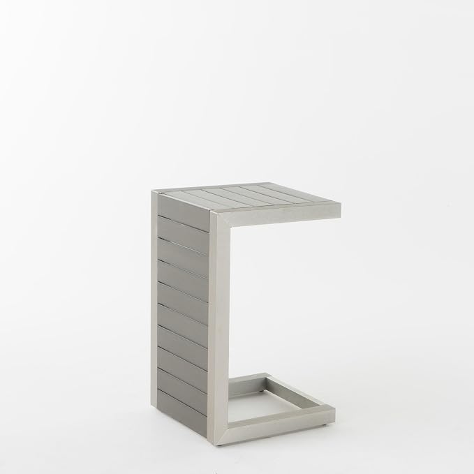 C-Shaped Outdoor Side Table 14.5" D x 15" W x 24" H Aluminum Frame Silver Patio Furniture