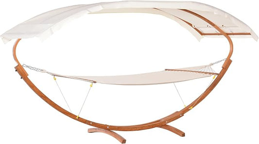 GOWE Outdoor Hammock with Stand & Accessories, Heavy Duty Wooden Frame, Extra Large Sun Shade Canopy, Indoor Outside Boho Style Nap Bed, Natural Cotton, White