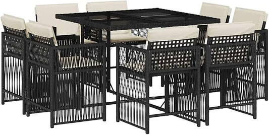 9 Piece Garden Dining Set, Black and Cream PE Rattan Outdoor Furniture with Removable Washable Cushions, Large Foldable Patio Dining Table and Chairs for Backyard and Terrace Gatherings
