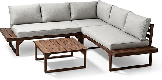 Outvita 4 Piece Wood Patio Furniture, L-Shaped Outdoor Sectional Sofa Set with Coffee Table, Conversation Set with Built-in Side Table, Coffee Table and Gray Cushions for Garden