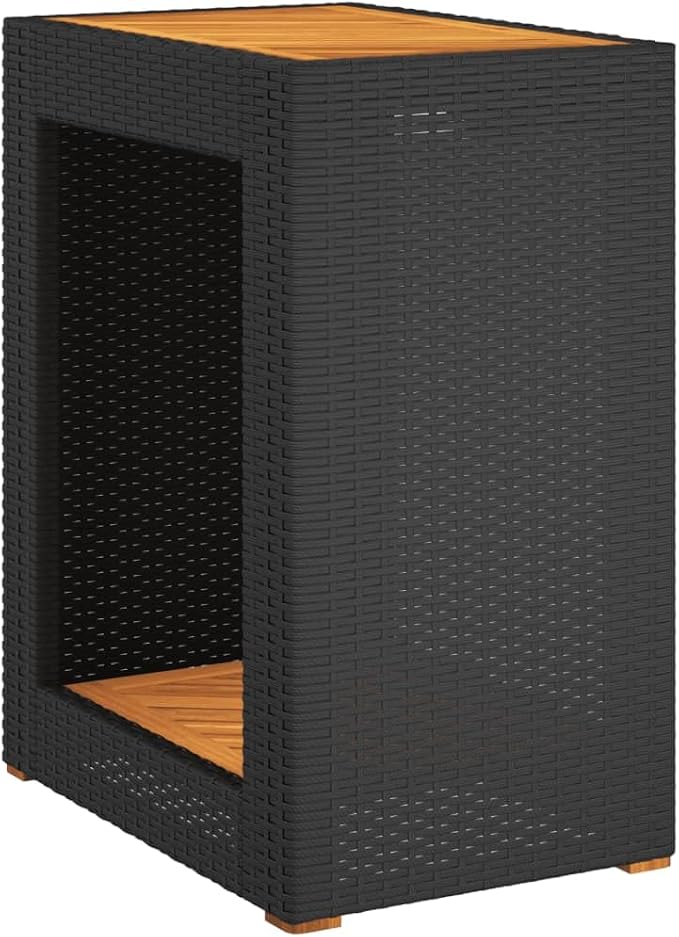 Patio Side Table with Wooden Top Black 23.6"x15.7"x29.5" Poly Rattan End for Outdoor Furniture Garden Backyard Patio Coffee Table