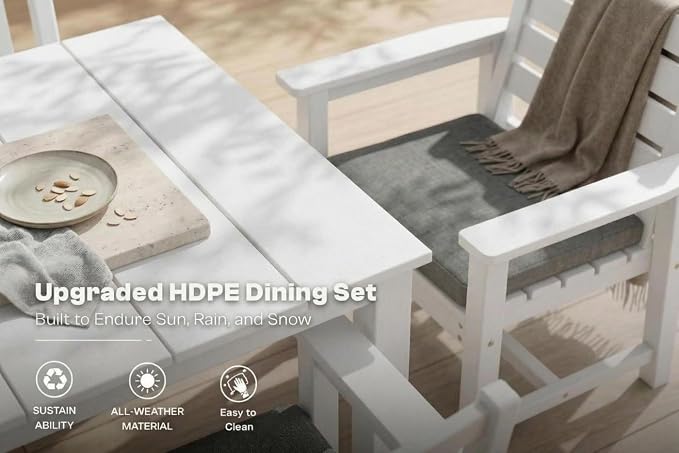 Perli™ 7-Piece Outdoor Dining Set, All-Weather HDPE Patio Furniture with 6 Ergonomic Chairs & Large Table, Built-in Umbrella Hole, UV-Resistant Set for Backyard, Deck, Poolside, White