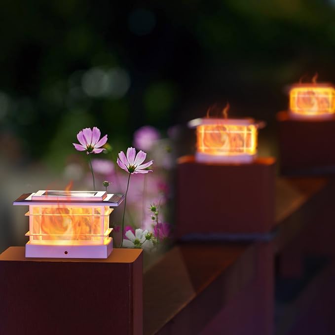 Dynaming 8 Pack Solar Post Cap Lights Outdoor with Flickering Flame Light, White Shell Fence Post Solar Lights Fit 4x4 5x5 Vinyl/Wooden Posts, Brightness LED Lighting Decor for Garden Deck Patio