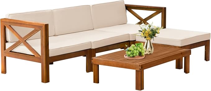 5-Piece Acacia Wood Outdoor Sofa Set Patio Bistro Set Furniture Outdoor Chat Conversation Table Chair Set with Water Resistant Cushions and Coffee Table for Beach Backyard Garden