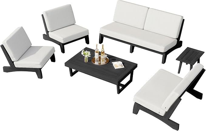 6 Piece Teak Outdoor Patio Frutnire Set, 7 Seater Patio Conversation Sets with Thick Cushions, Outdoor Sectional Furniture with Coffee Table - Beige