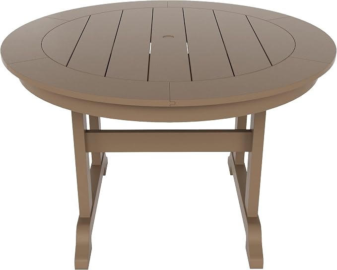 WestinTrends Malibu Patio Dining Table, All Weather Poly Lumber Adirondack 47" Trestle Round Outdoor Table with Umbrella Hole, Weathered Wood