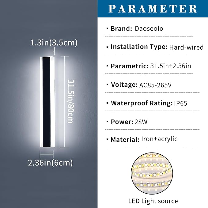 Modern Outdoor Wall Sconce, 31.4inch LED Outside Wall Light Fixture, IP65 Waterproof, 6000K Cold White, Black Minimalist Exterior Lighting Patio Wall Lamps for House, Porch, Garage, Garden
