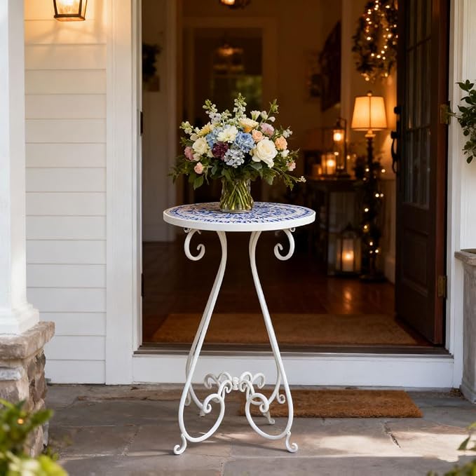 Vintage Outdoor Side Table Round Mosaic Ceramic Tile Top 14" Diameter Metal Plant Stand for Flower Pots Vase Garden Home Porch Pool Indoor Decor Weather Resistant Outside Patio Accent End Furniture