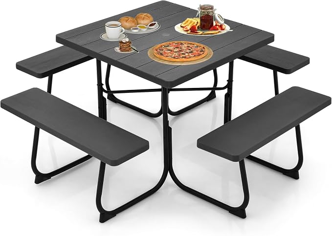 Square Picnic Table for 8 Person, Outside Table Bench Set w/ 4 Built-in Benches, Umbrella Hole, HDPE Top & Metal Frame, 2000LBS Capacity Outdoor Picnic Table for Garden, Porch, Patio (Black)