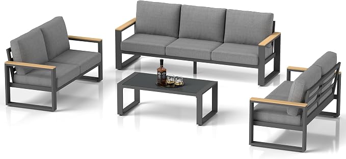 Aluminum Outdoor Patio Furniture Set with Height-adjustable Footrest for Lawn Porches Patio, 7-Seats All-weather Patio Sofa Sets with Coffee Table, Modern Outdoor Patio Conversation set, Grey