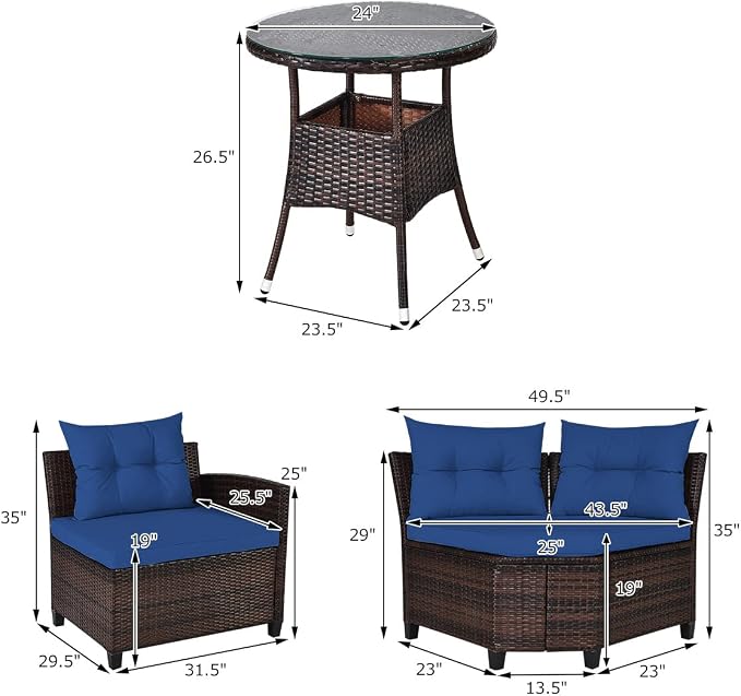 COSTWAY 4-Piece Patio Furniture Set, Wicker Rattan Sofa with Cushions and Coffee Table, Outdoor Sectional Conversation Sofa Set for Poolside Backyard Lawn Backyard (Navy)