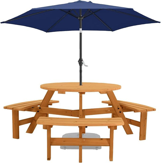 VINGLI Wood Picnic Table Outdoor Round Picnic Table with 7.5ft Umbrella and 4 Built-in Benches, Outdoor Dining Tables and Chairs 550 LBS Bench Capacity (Navy, Round)
