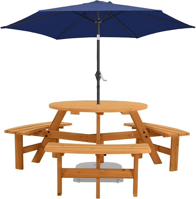 VINGLI Wood Picnic Table Outdoor Round Picnic Table with 7.5ft Umbrella and 4 Built-in Benches, Outdoor Dining Tables and Chairs 550 LBS Bench Capacity (Navy, Square)
